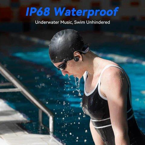 Swimmer wearing black waterproof headphones and swim cap by pool, showcasing IP68 Bluetooth headset for fitness