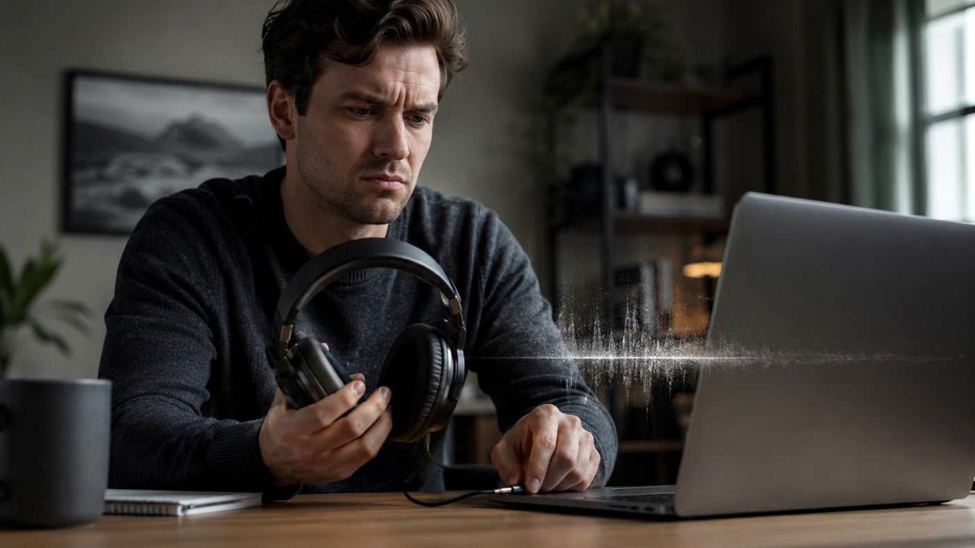 Frustrated listener experiencing static and weak audio from laptop headphones