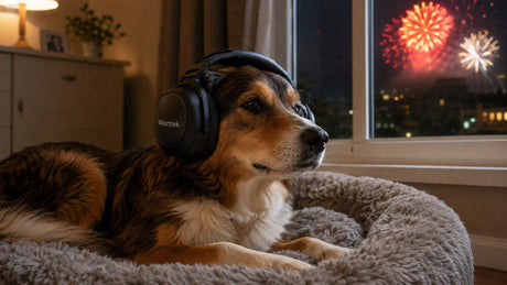 Dog wearing noise cancelling headphones indoors during fireworks to reduce noise anxiety