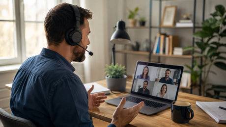 Remote worker wearing headphones with microphone for video call