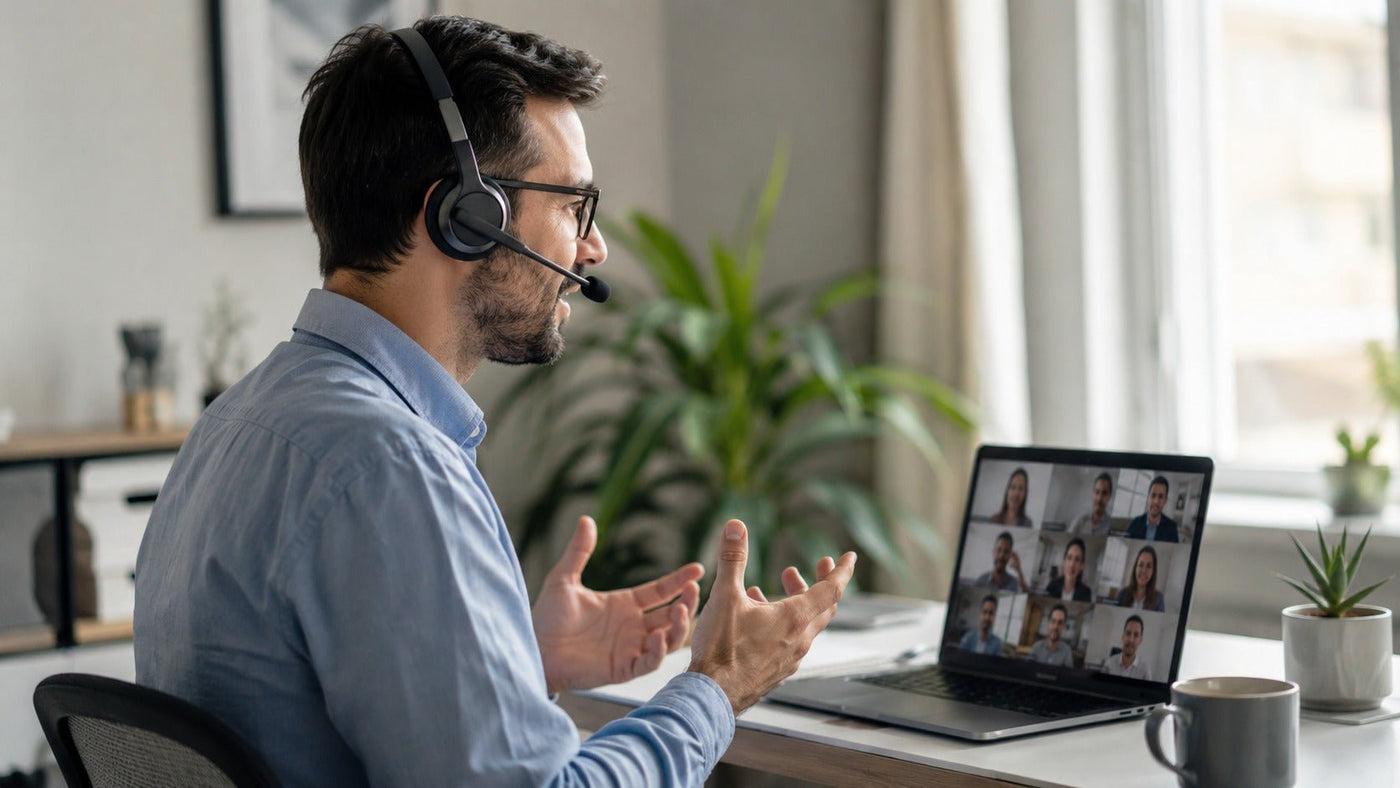 Remote worker using a wireless headset with boom microphone during a video call