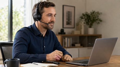 Wantek wired office headset with boom microphone connected to a laptop for a business call