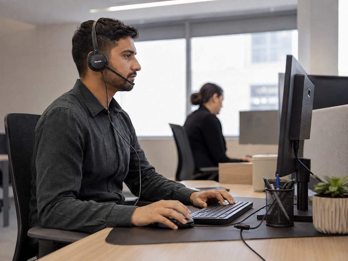 Wantek wired call center headset at a fixed customer support workstation