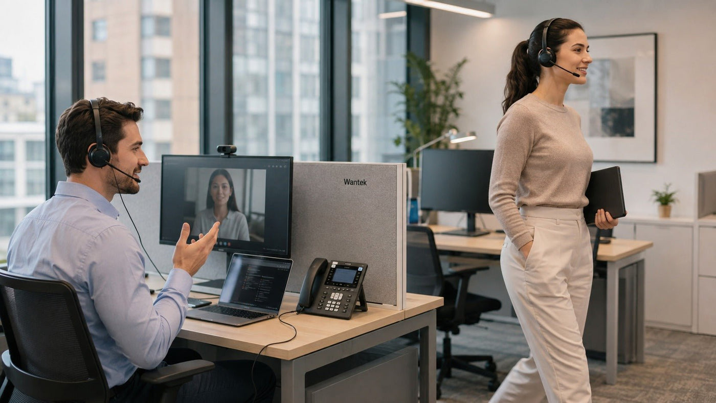 Wired and wireless office headsets compared in a modern professional workspace