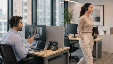 Wired and wireless office headsets compared in a modern professional workspace