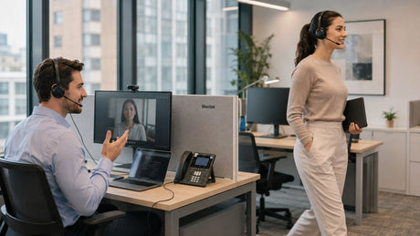 Wired and wireless office headsets compared in a modern professional workspace