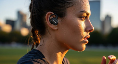 Runner wearing wireless earbuds during an outdoor workout at sunset