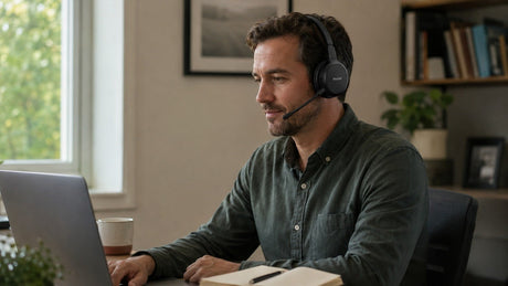 Professional using a Wantek dual-ear wireless headset with boom mic during a remote-work laptop call