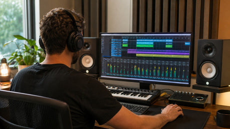 Person wearing over-ear headphones at a computer displaying audio tracks, with studio monitors and a keyboard.