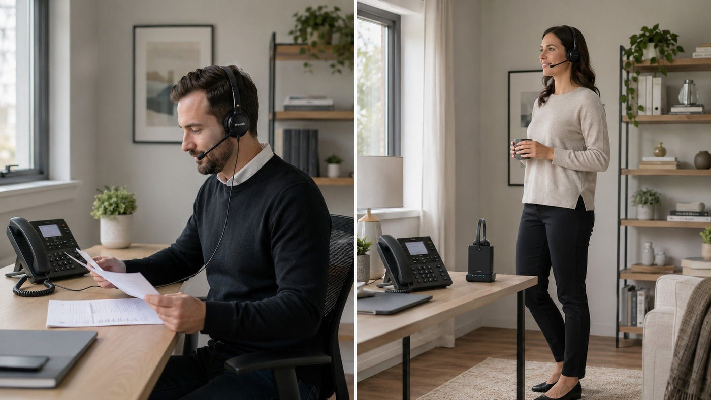 Wired and wireless Wantek home phone headsets shown in realistic home-office calling setups