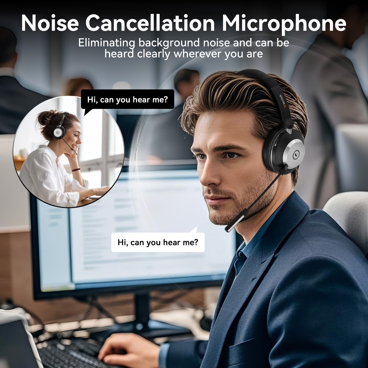 Wantek Wireless Headset with Mic for Work with AI Noise Cancelling Microphone Bluetooth Headset with 2.4G USB Dongle & Mic Mute for Laptop/Computer/Cell Phones/Office/Remote Work/Call Center/Zoom/Sky