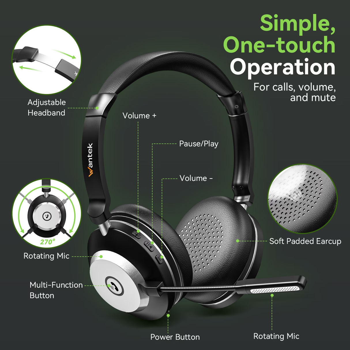 Wantek Trucker Bluetooth Headset with Upgraded Microphone AI Noise Canceling, On-Ear Headphone for Driver Office Call Center