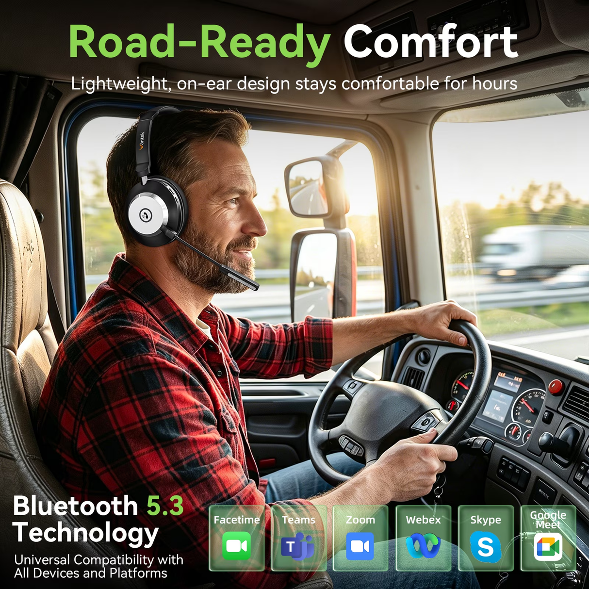 Wantek Trucker Bluetooth Headset with Upgraded Microphone AI Noise Canceling, On-Ear Headphone for Driver Office Call Center