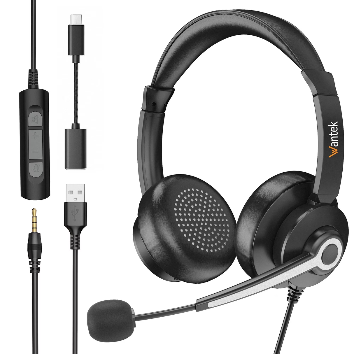 Wantek USB Headset with Microphone for PC, Laptop, 3-in-1 Computer Headset with Noise Cancelling and Audio Controls, USB Headphones for Call Center, Work, Office