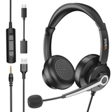 Wantek USB Headset with Microphone for PC, Laptop, 3-in-1 Computer Headset with Noise Cancelling and Audio Controls, USB Headphones for Call Center, Work, Office