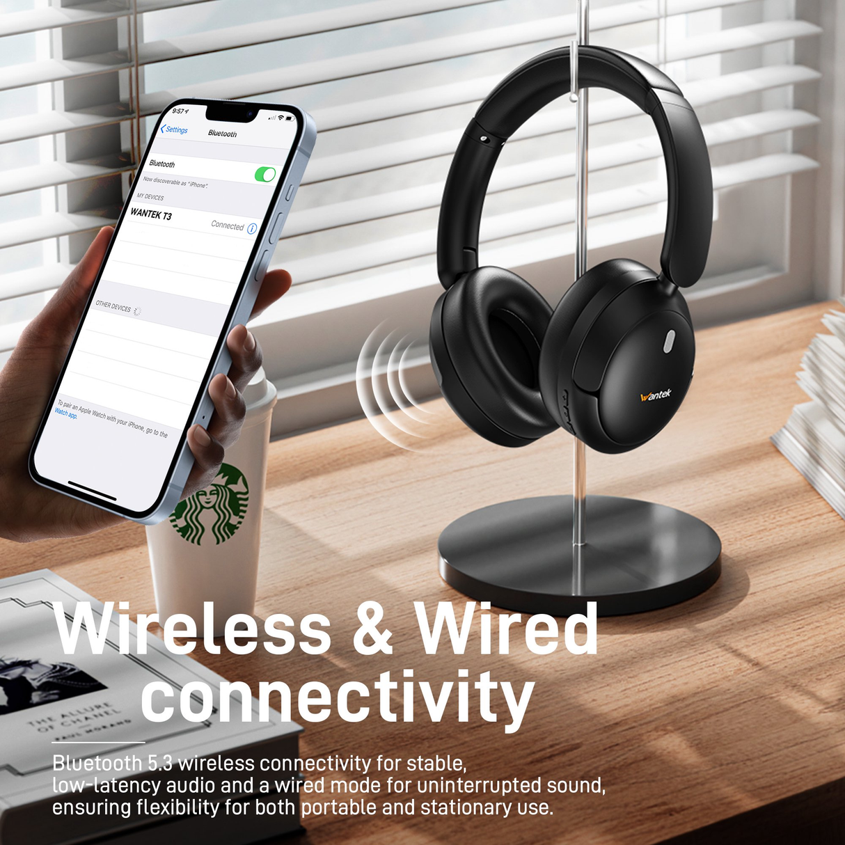 Wantek Active Noise Cancelling Headphones , 70-Hour Bluetooth Headphones, Deep Bass & Hi-Fi Sound - Over-Ear Comfort for Office,PC,Travel, Work