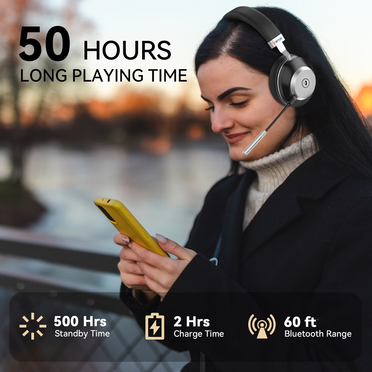 Trucker Bluetooth Headset with Microphone, with AI Noise Cancelling & Mute Button, Wireless On-Ear Headphones 50 Hrs Working Time, for Trucker Home Office Remote Work Zoom