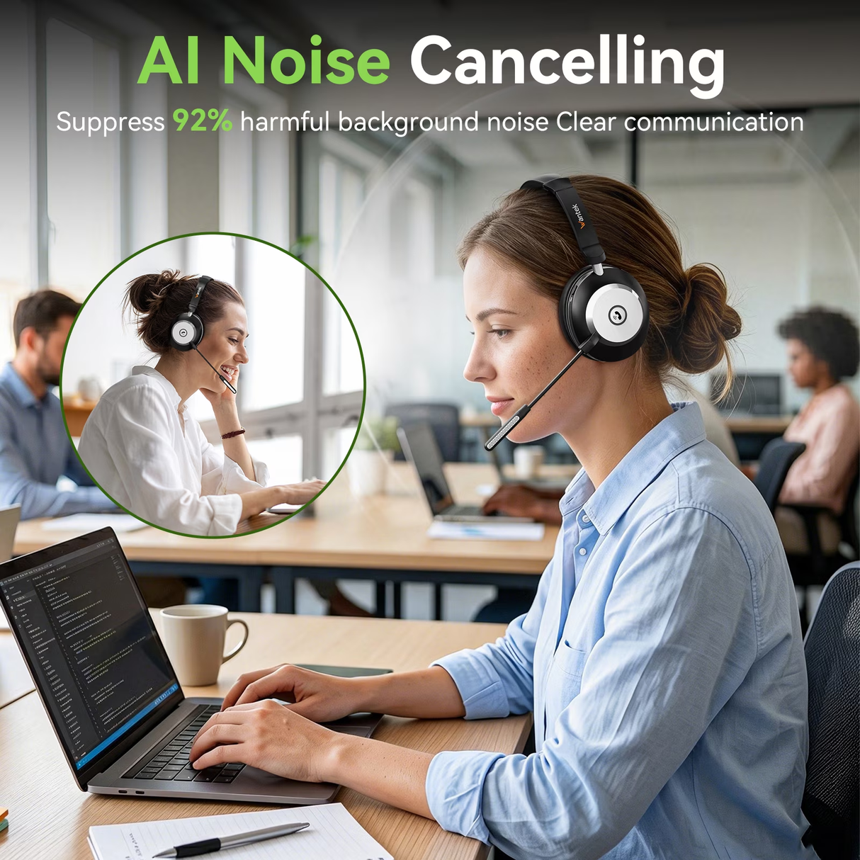 Wantek Trucker Bluetooth Headset with Upgraded Microphone AI Noise Canceling, On-Ear Headphone for Driver Office Call Center