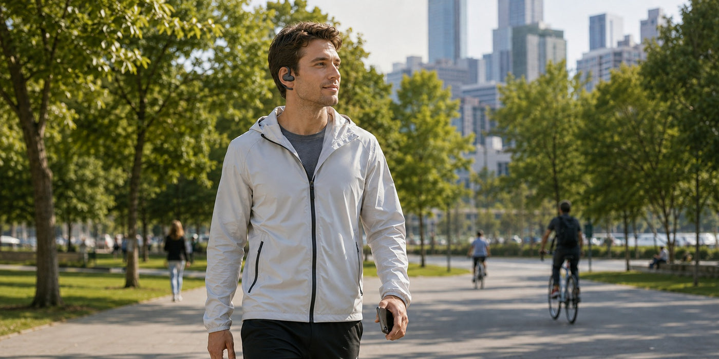 Active commuter wearing Wantek OBT030 open-ear clip-on earbuds in a city park