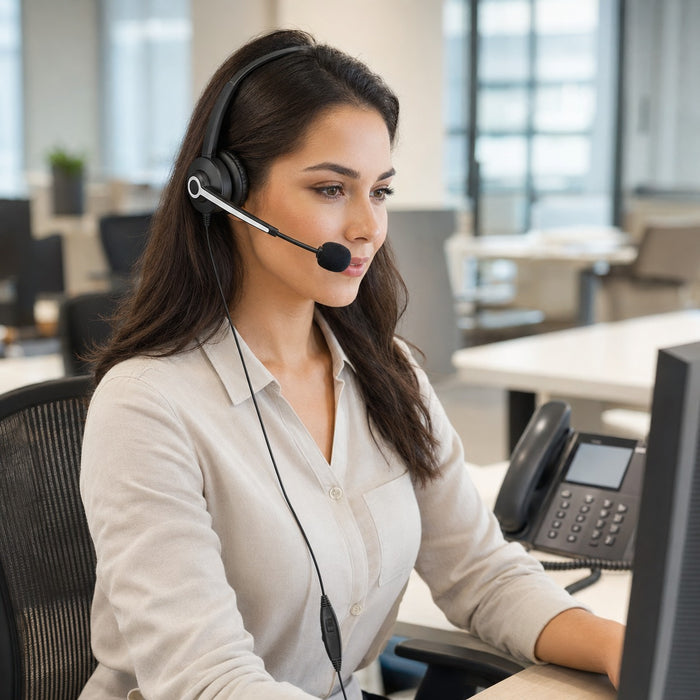 Adjustable boom microphone on a dual-ear call center headset