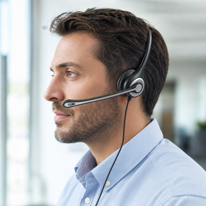 Adjustable boom microphone positioned correctly for an office call