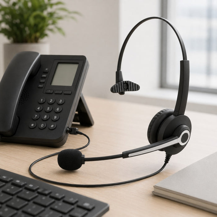 Battery-free mono headset connected to a compatible office desk phone