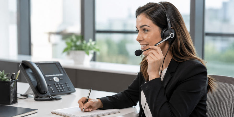Business professional using a dual-ear wired headset with a compatible Cisco IP phone