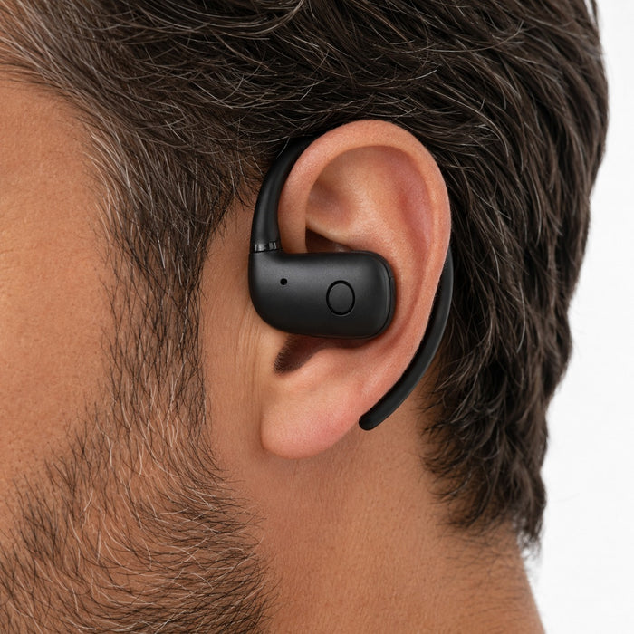 Close-up of Wantek OBT030 open-ear earbud resting securely outside the ear canal