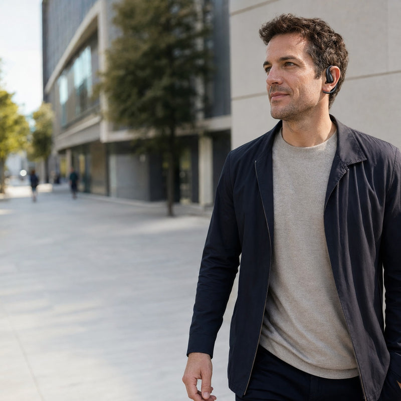 Commuter wearing Wantek OBT030 open-ear earbuds while staying aware of the surroundings