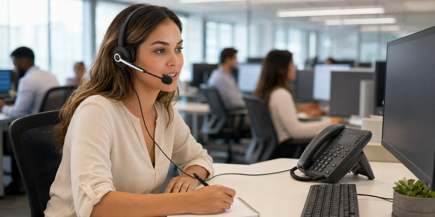 Customer service professional using a dual-ear wired headset with a desk phone