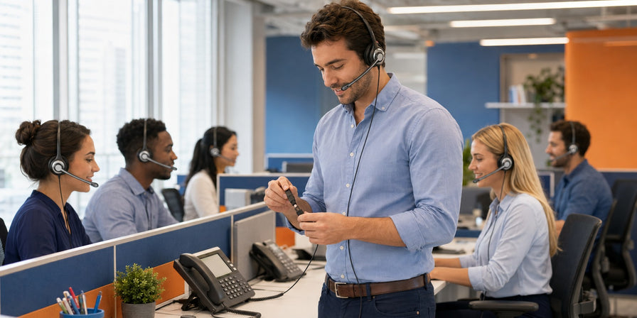Dual-ear Quick Disconnect headsets deployed across call center workstations