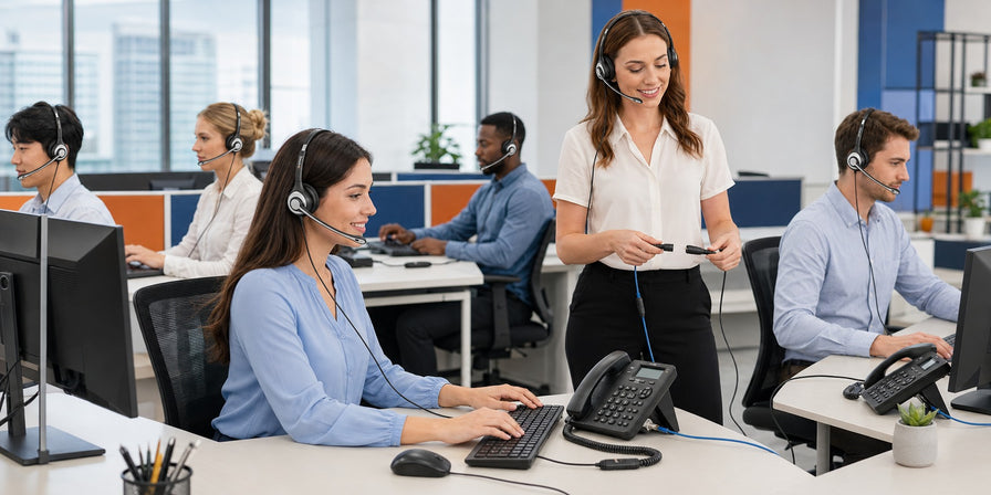 Dual-ear Quick Disconnect headsets deployed across call center workstations