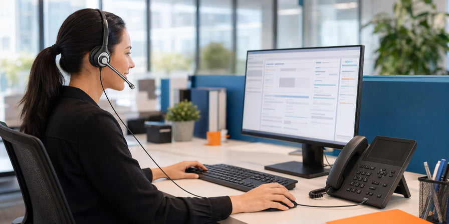 Dual-ear RJ2 office phone headset used at a business support desk