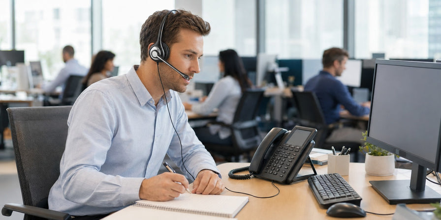 Dual-ear RJ4 telephone headset used in a busy office