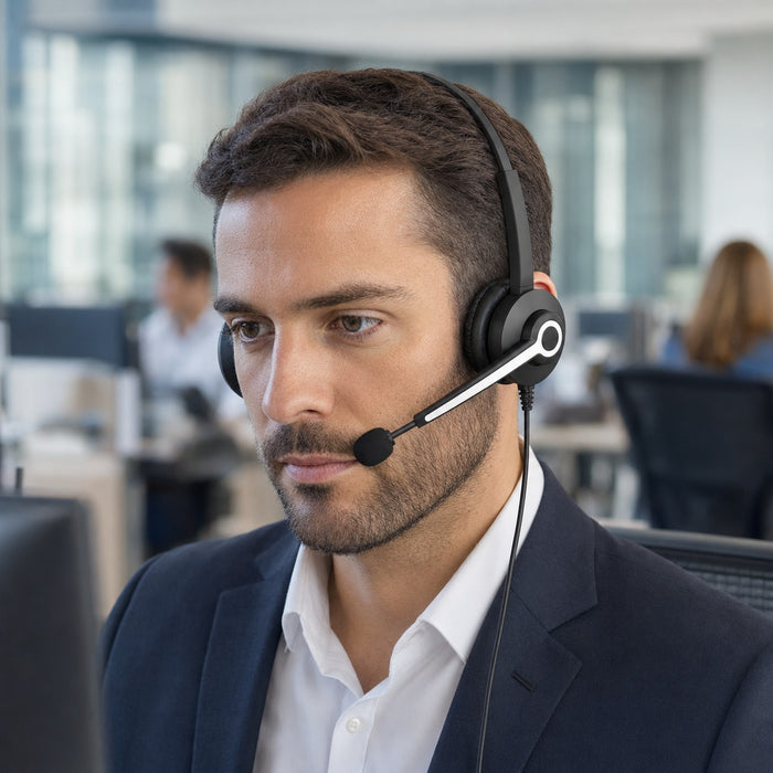 Dual-ear desk phone headset designed for focused calls in a busy office