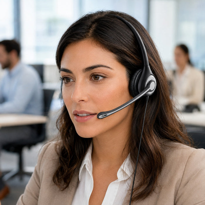 Dual-ear office phone headset supporting focused business calls