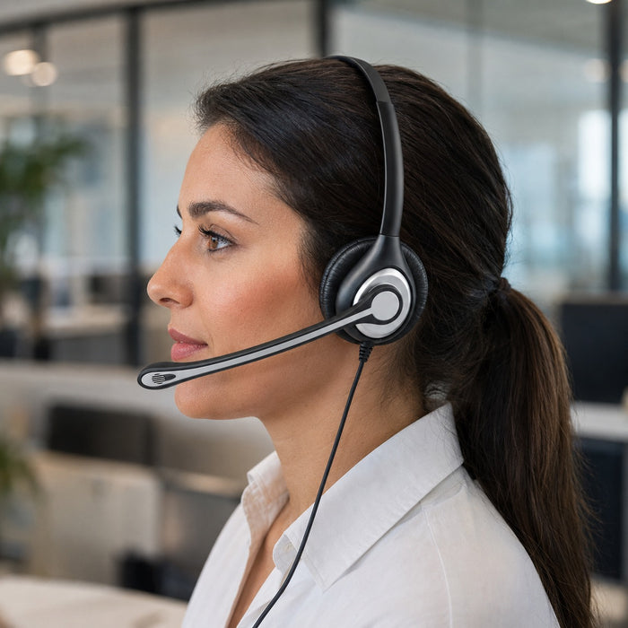 Dual-ear office phone headset worn during a professional call