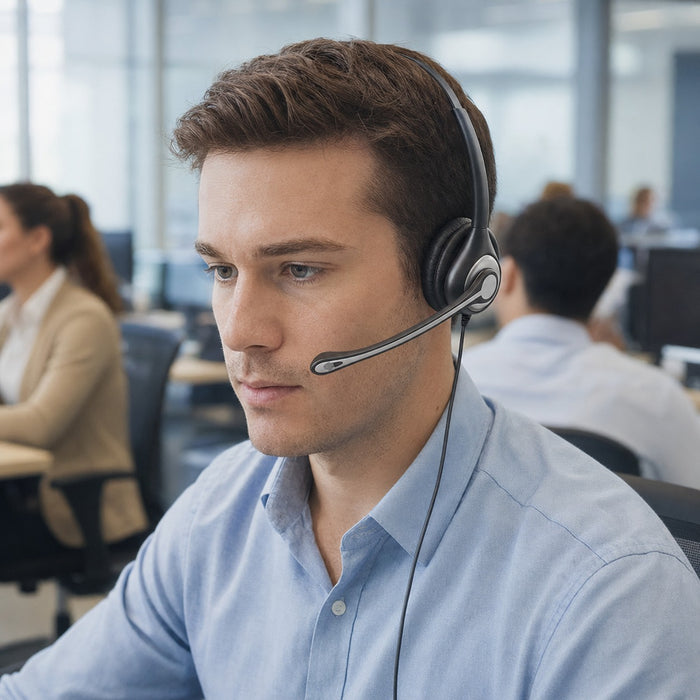 Dual-ear telephone headset helping an office worker concentrate