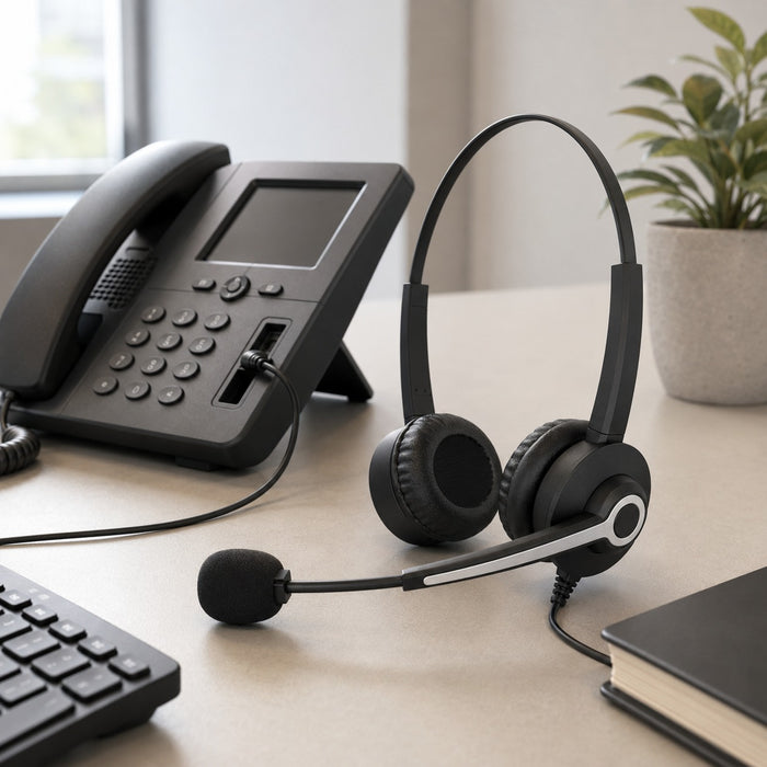Dual-ear wired office headset connected directly to a business desk phone