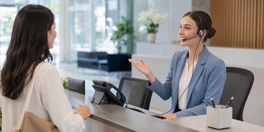 Mono RJ2 office phone headset used at a reception workstation