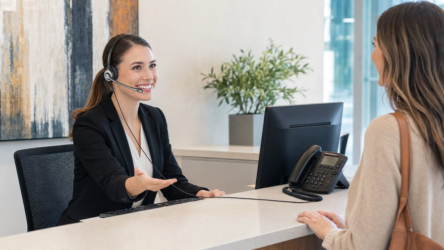 Mono RJ2 office phone headset used at a reception workstation