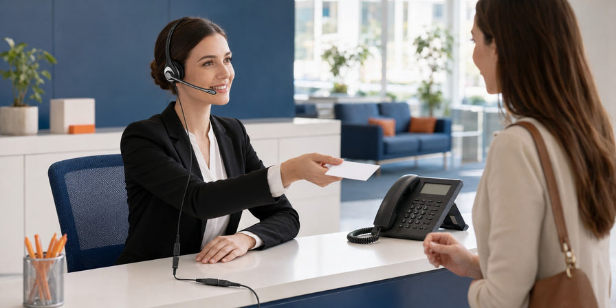 Mono landline headset with Quick Disconnect used at a reception desk