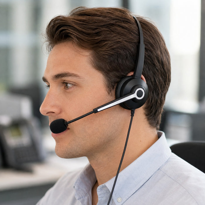 Noise-reducing boom microphone on a mono telephone headset