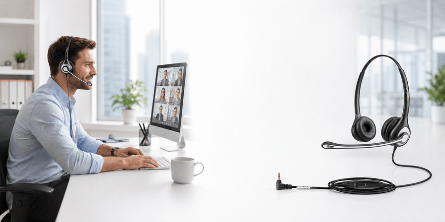 Office worker wearing Wantek wired headset during business call