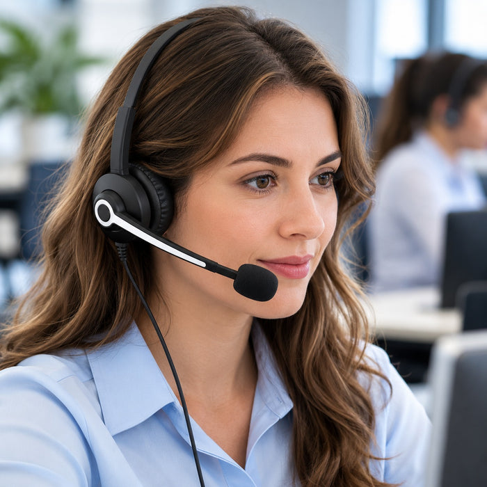Office support professional wearing a dual-ear headset for Cisco phone calls