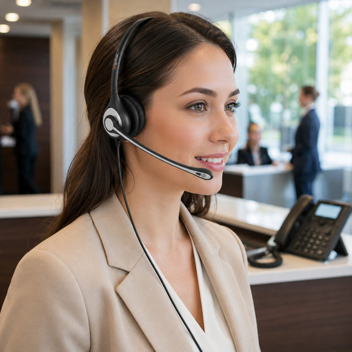 Professional receptionist wearing a Wantek mono headset with one ear open for office awareness