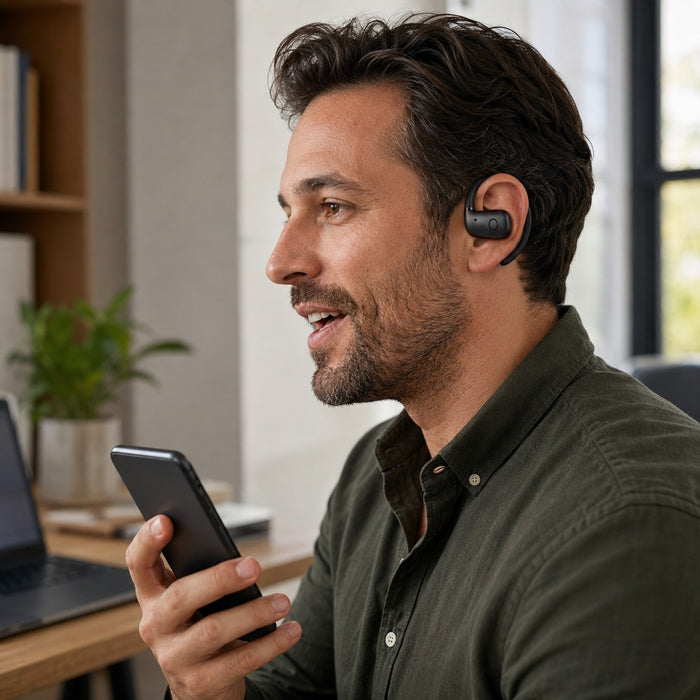 Professional using Wantek OBT030 earbuds with built-in microphone for a casual call