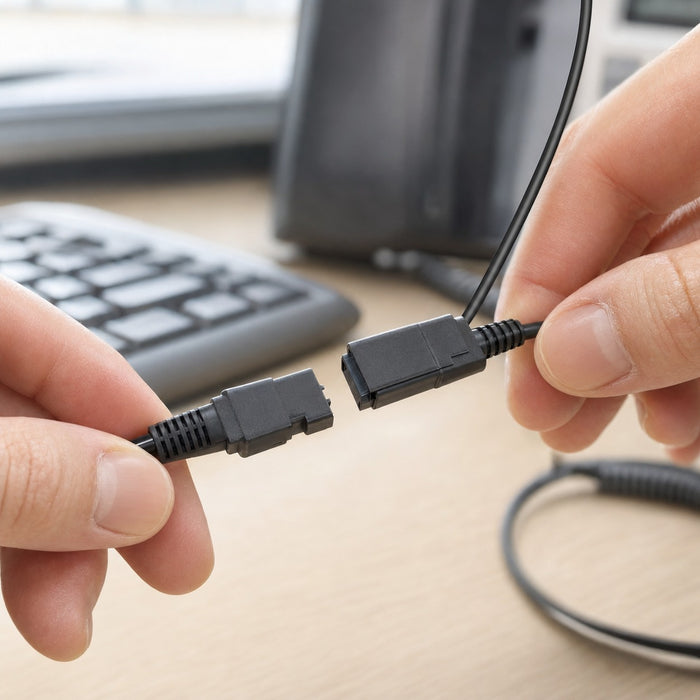 Quick Disconnect cable being separated from a landline headset