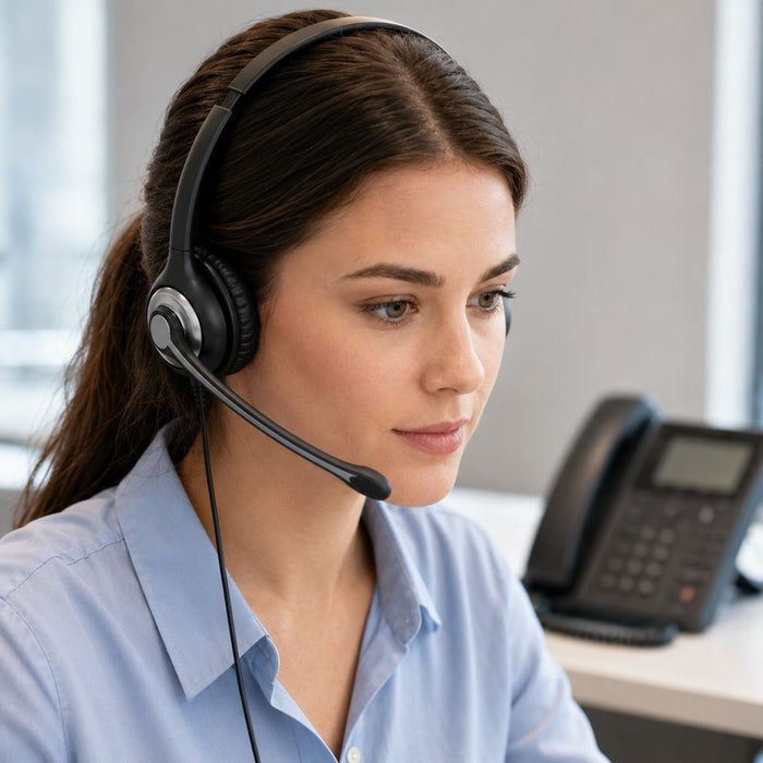 Dual-ear RJ1 headset used for a focused office phone call