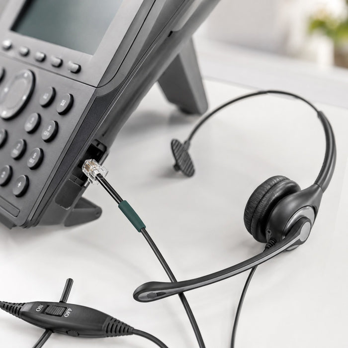 RJ9 wired headset connector for a compatible desk phone